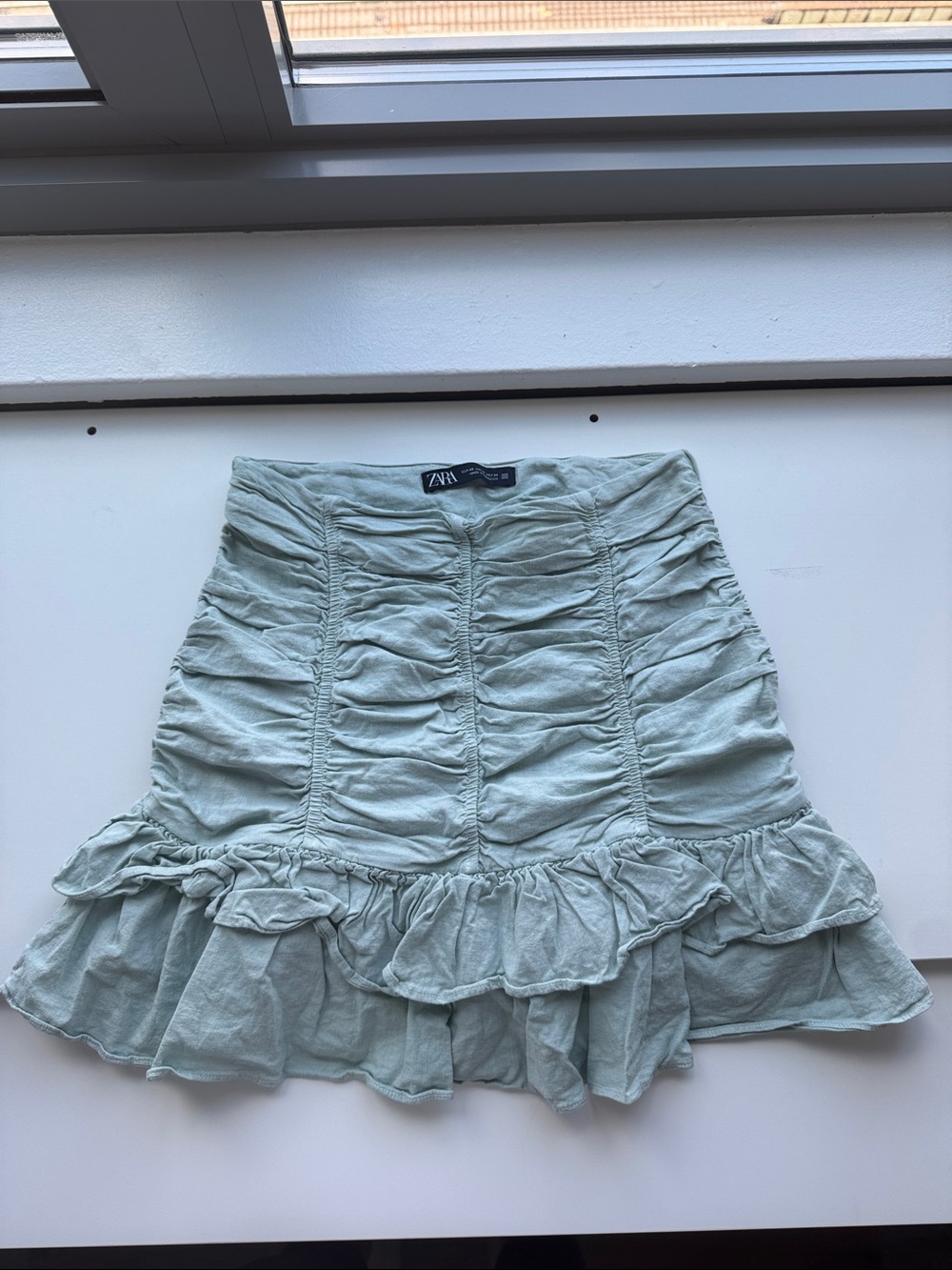 Zara Sage Green Ruffled Ruched Mini Skirt